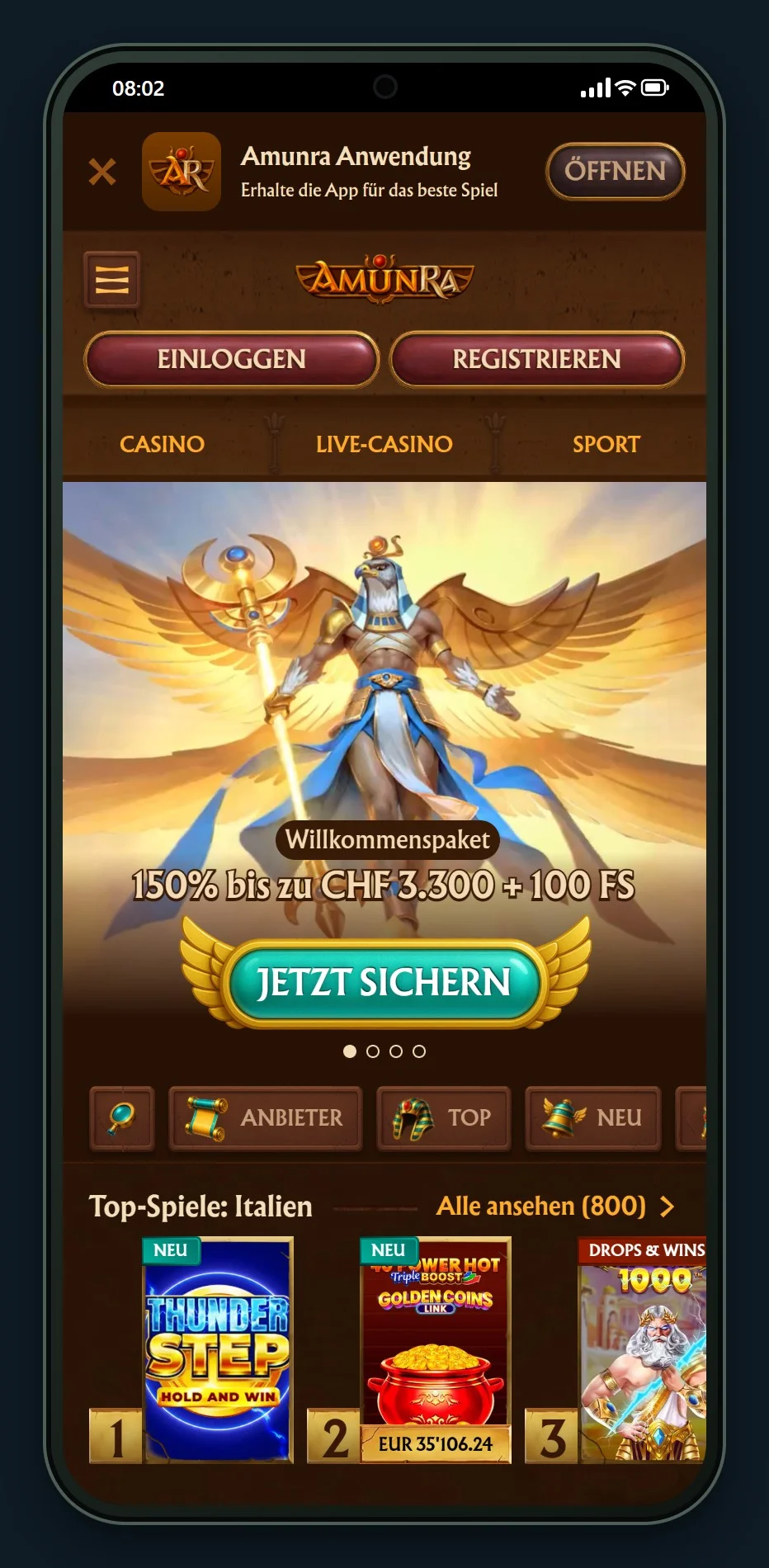 Paysafecard Casinos: Startseite von AmunRa
