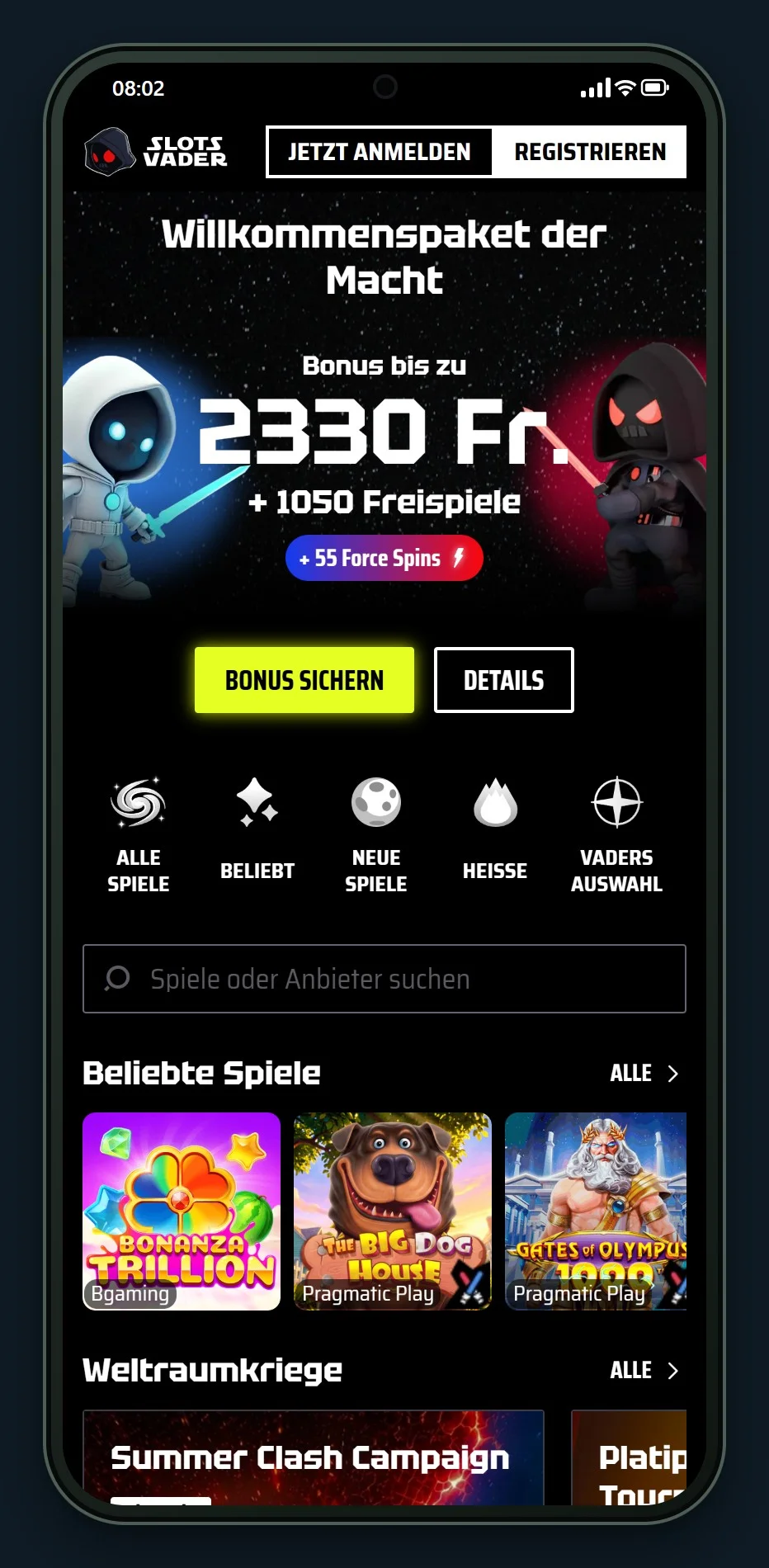Paysafecard Casinos Schweiz: Startseite von SlotsVader Casino