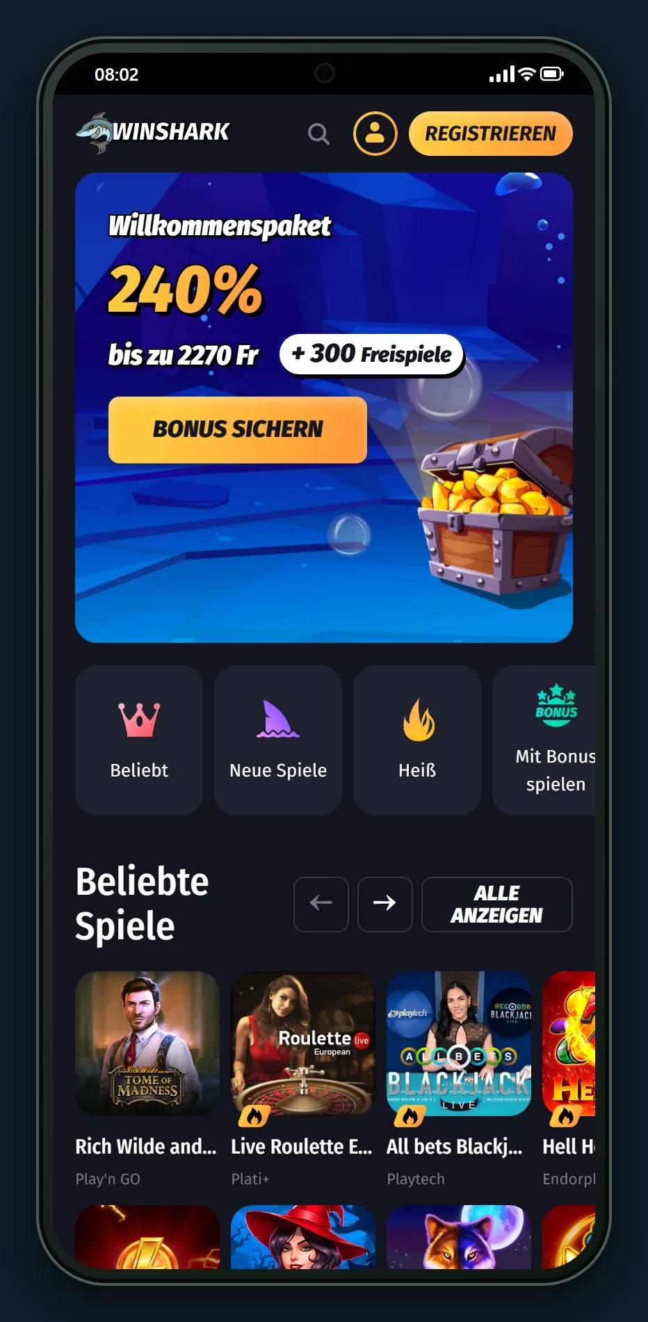 beste Online Casino Paysafecard: die Startseite des Casinos Winshark