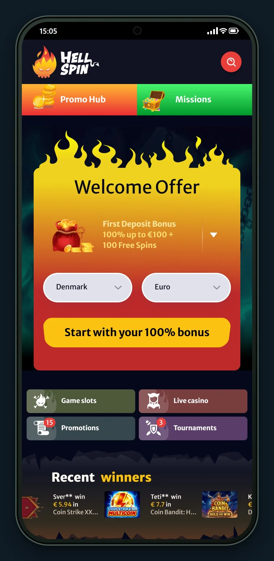 casino med paysafecard: forsiden på casinoet HellSpin
