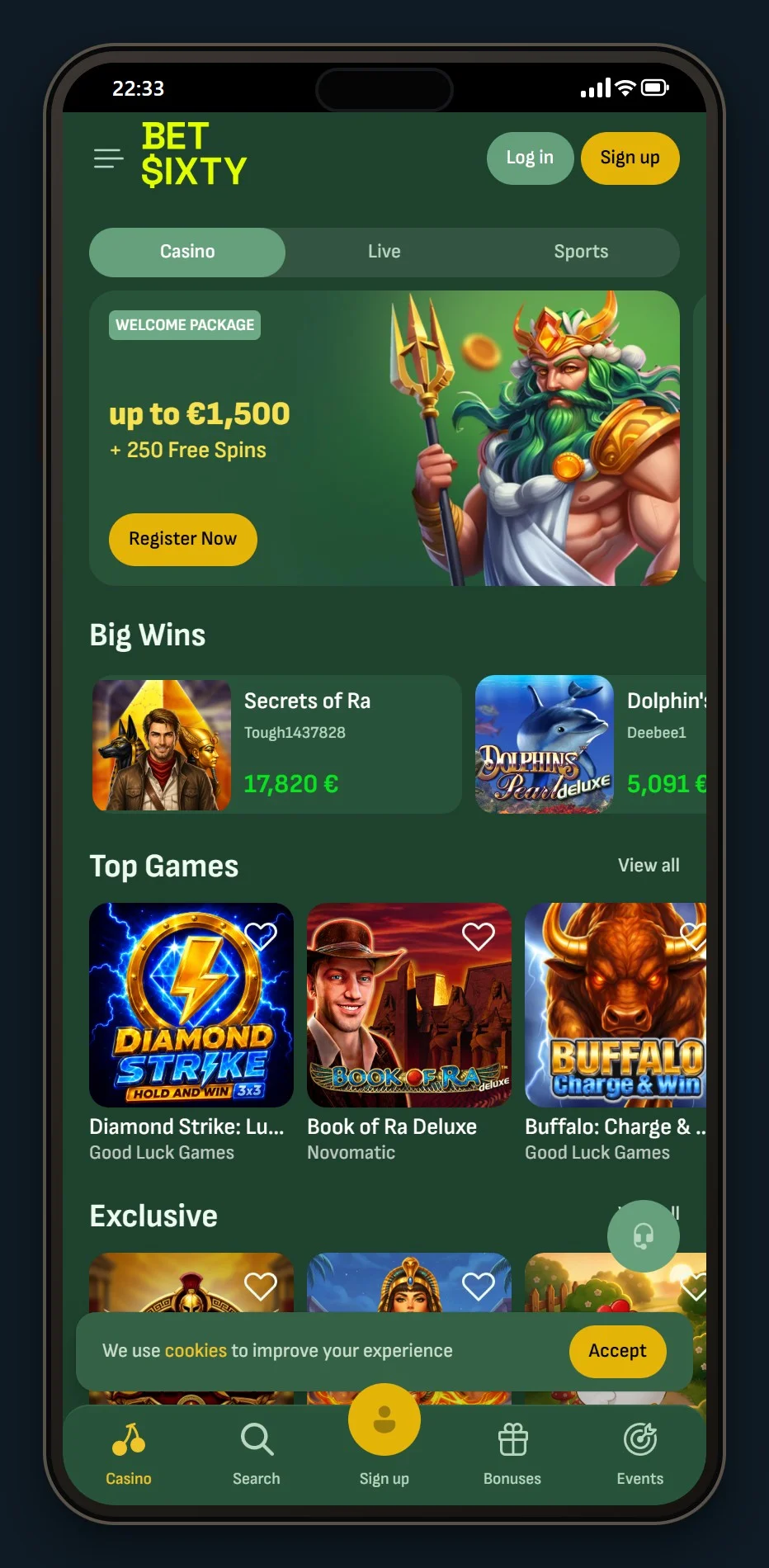 Casino Paysafecard: de startpagina van BetSixty