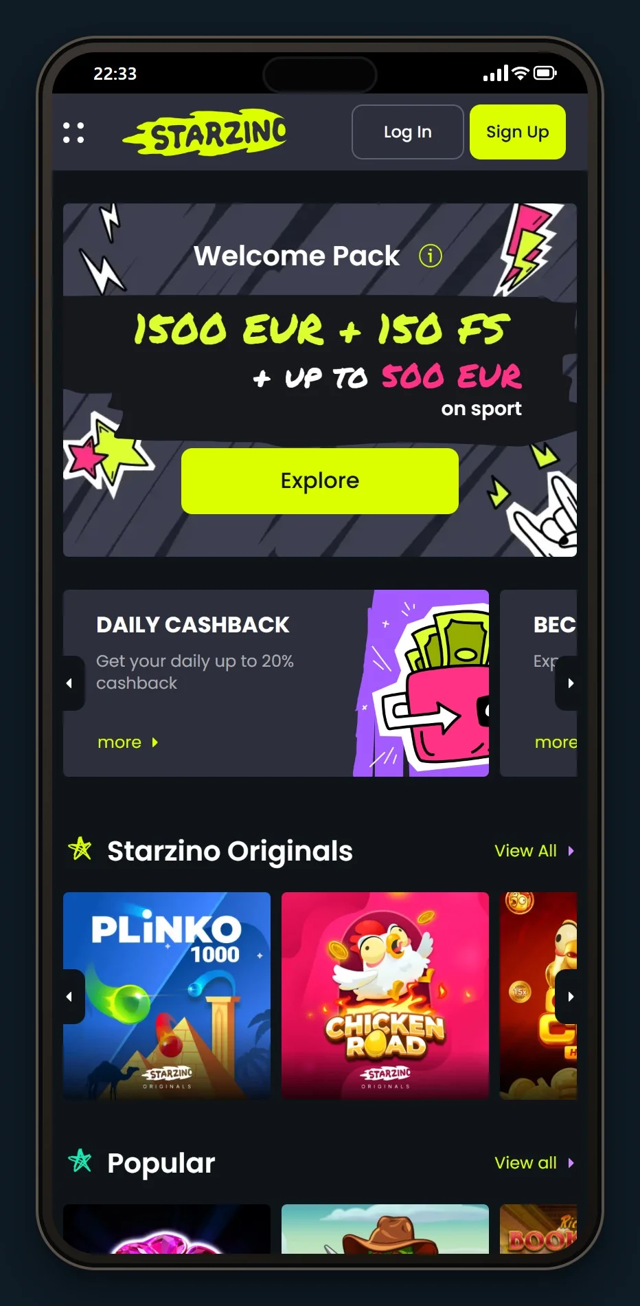 Online casino Paysafecard: de lobby van Starzino