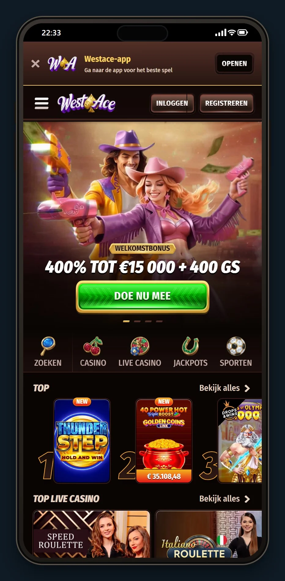 Paysafe casino: de homepage van casino WestAce