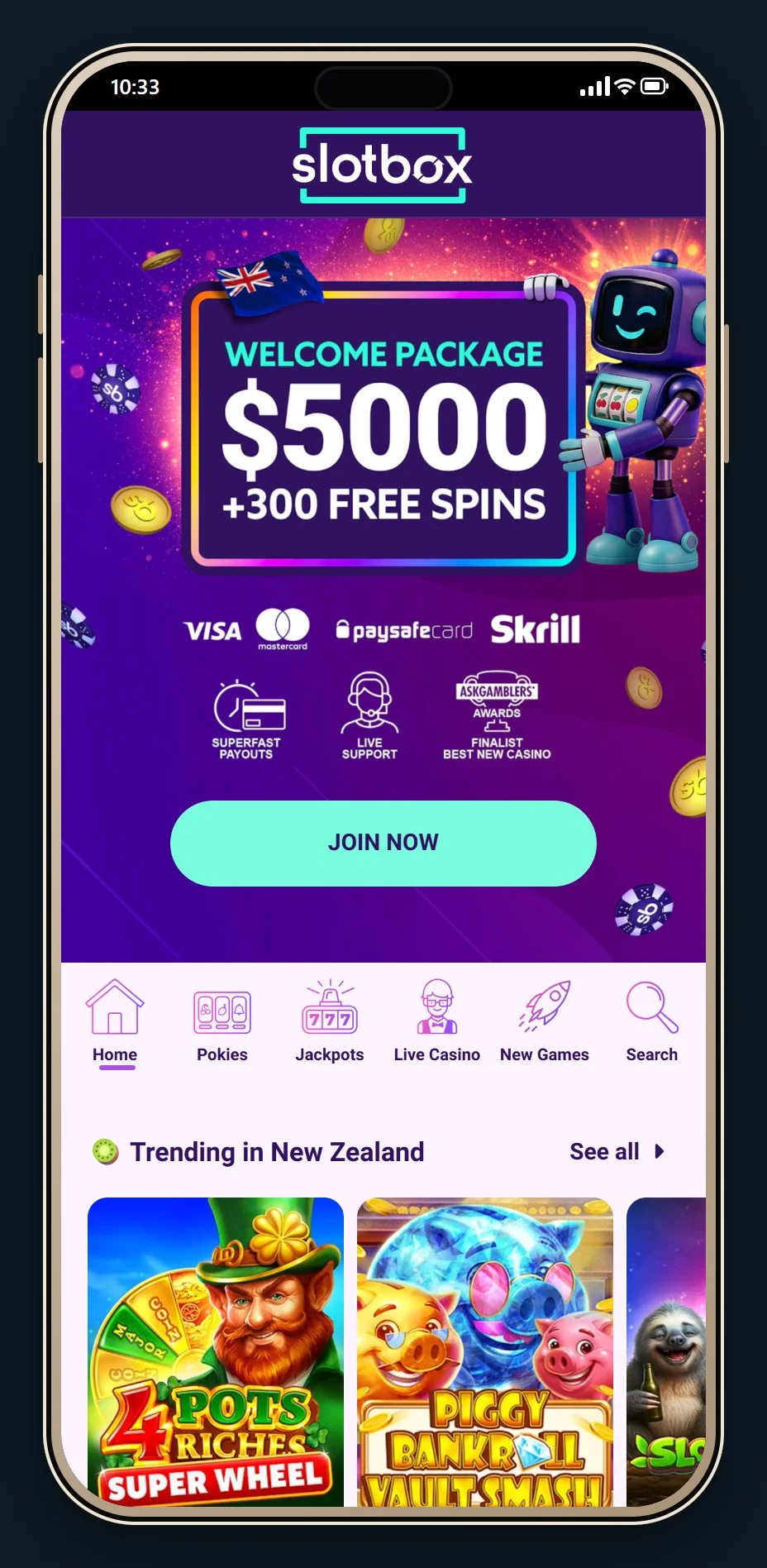 online pokies paysafe: the Slotbox homepage