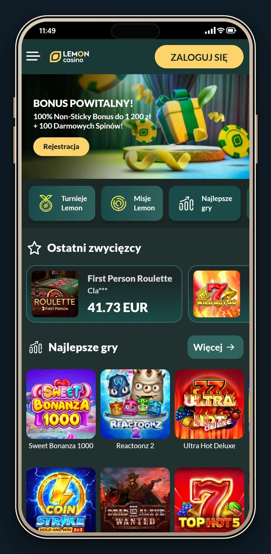 wpłata paysafecard kasyno: lobby kasyna Lemon Casino