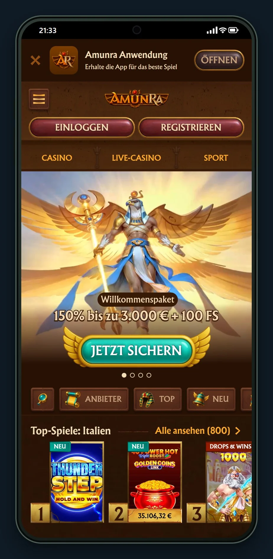 Paysafecard Casino: die Lobby von AmunRa