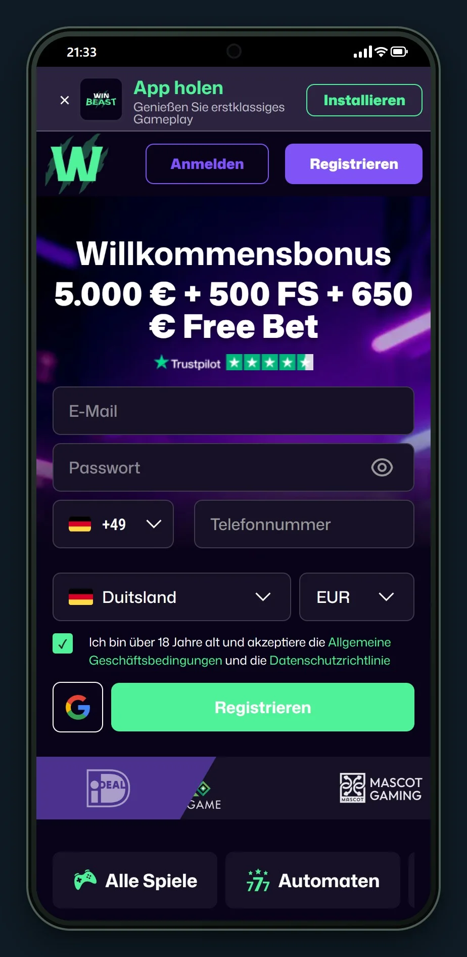 Paysafecard Casinos: Startseite von WinBeast
